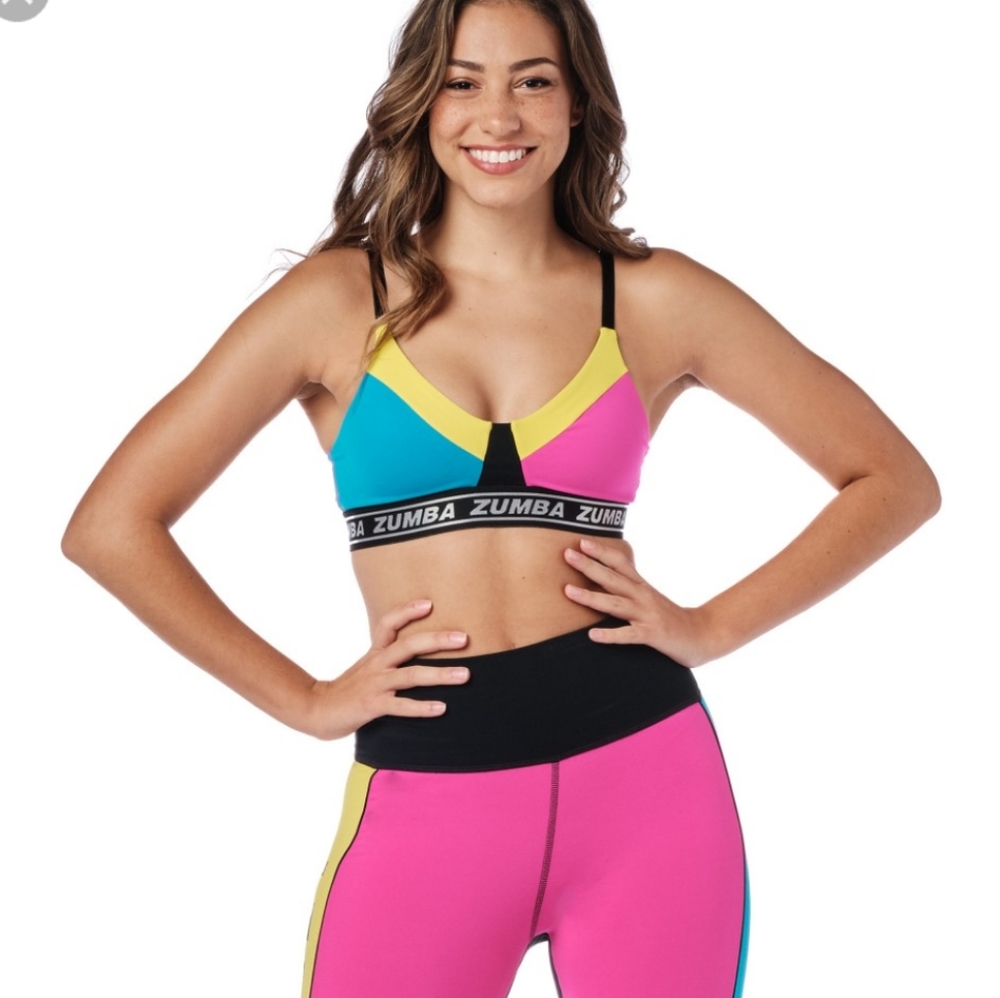 Zumba Glow Color-block Sports Bra size Large Lovely XXL XXLarge Blue Pink Yellow - Picture 2 of 8